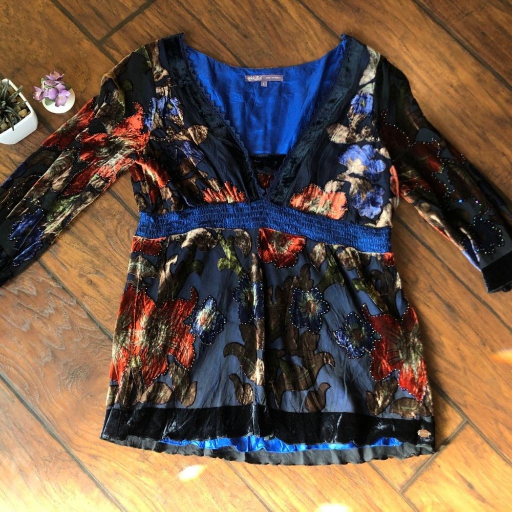 Hale Bob velvet silk beaded top shirt y2k